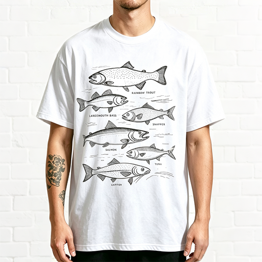 Vintage Fishing Species Chart Rainbow Trout Bass Salmon Graphic Tee