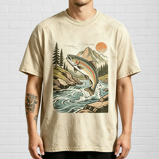 Retro Jumping Rainbow Trout River Sunset Fishing Graphic T-Shirt