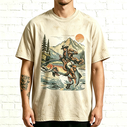 Western Cowboy Riding Jumping Trout Retro Fishing Graphic T-Shirt