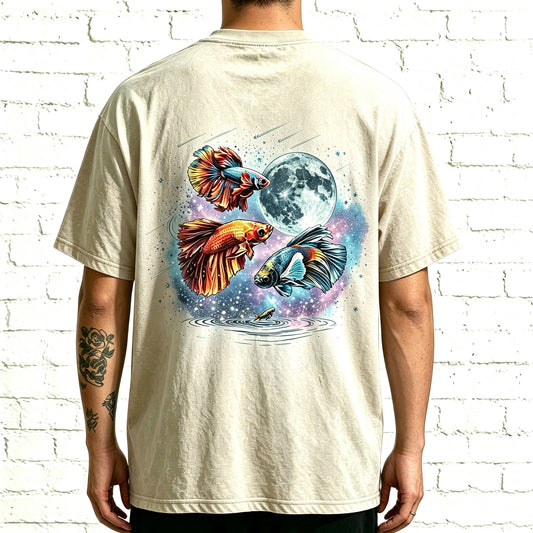 Moon Galaxy Watercolor Betta Fish Full Back Print Unisex Tee