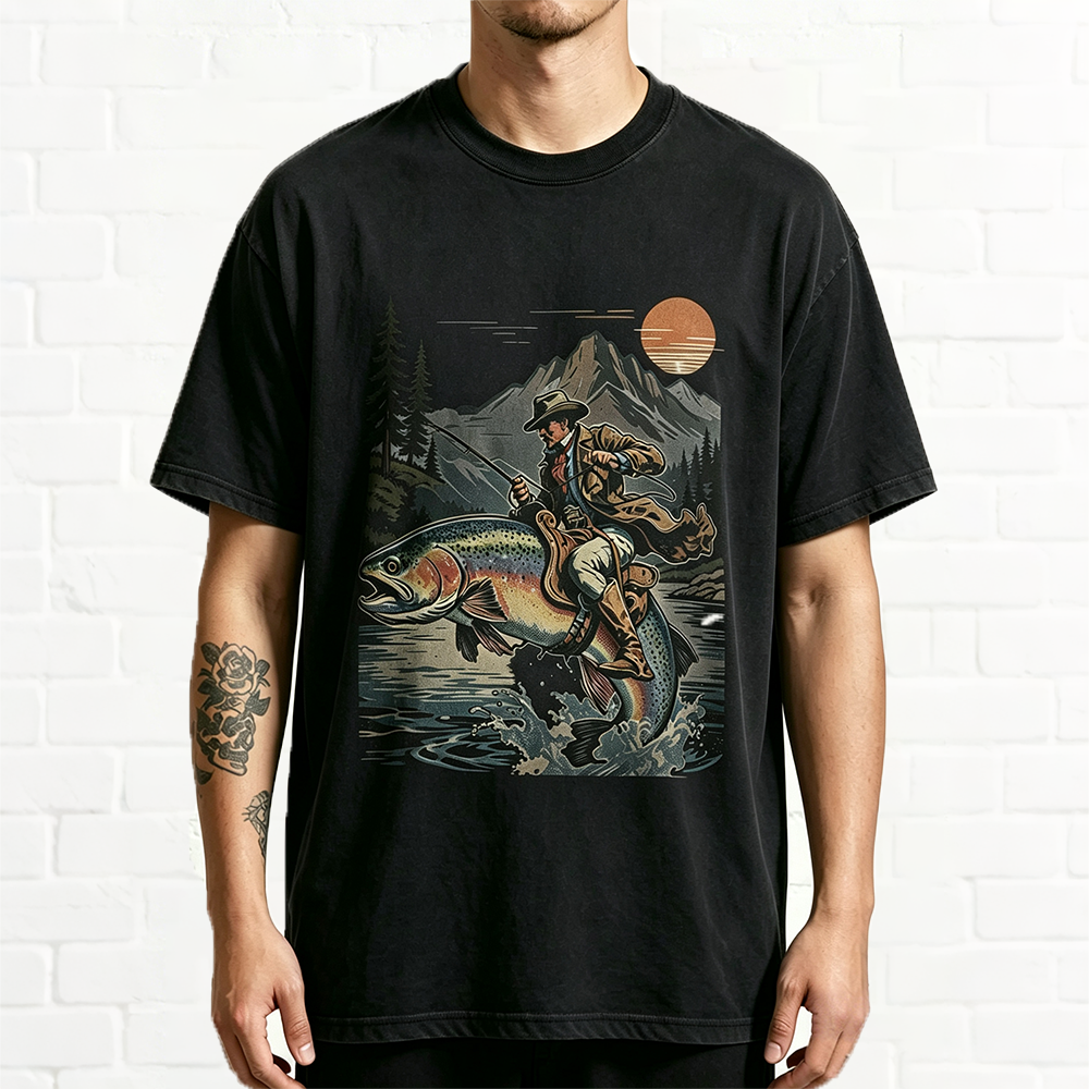 Western Cowboy Riding Jumping Trout Retro Fishing Graphic T-Shirt