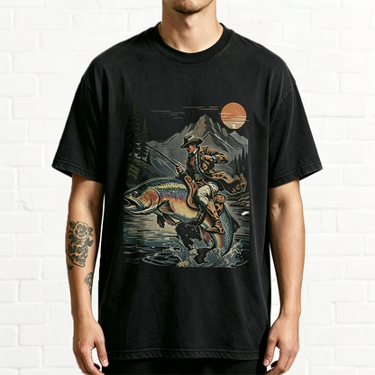 Western Cowboy Riding Jumping Trout Retro Fishing Graphic T-Shirt