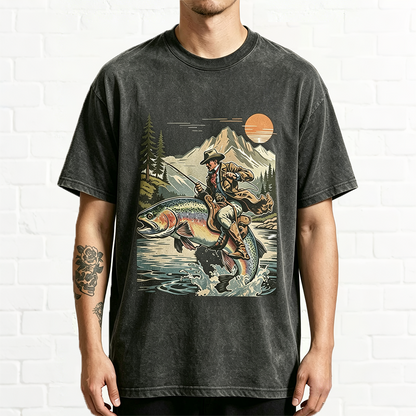 Western Cowboy Riding Jumping Trout Retro Fishing Graphic T-Shirt
