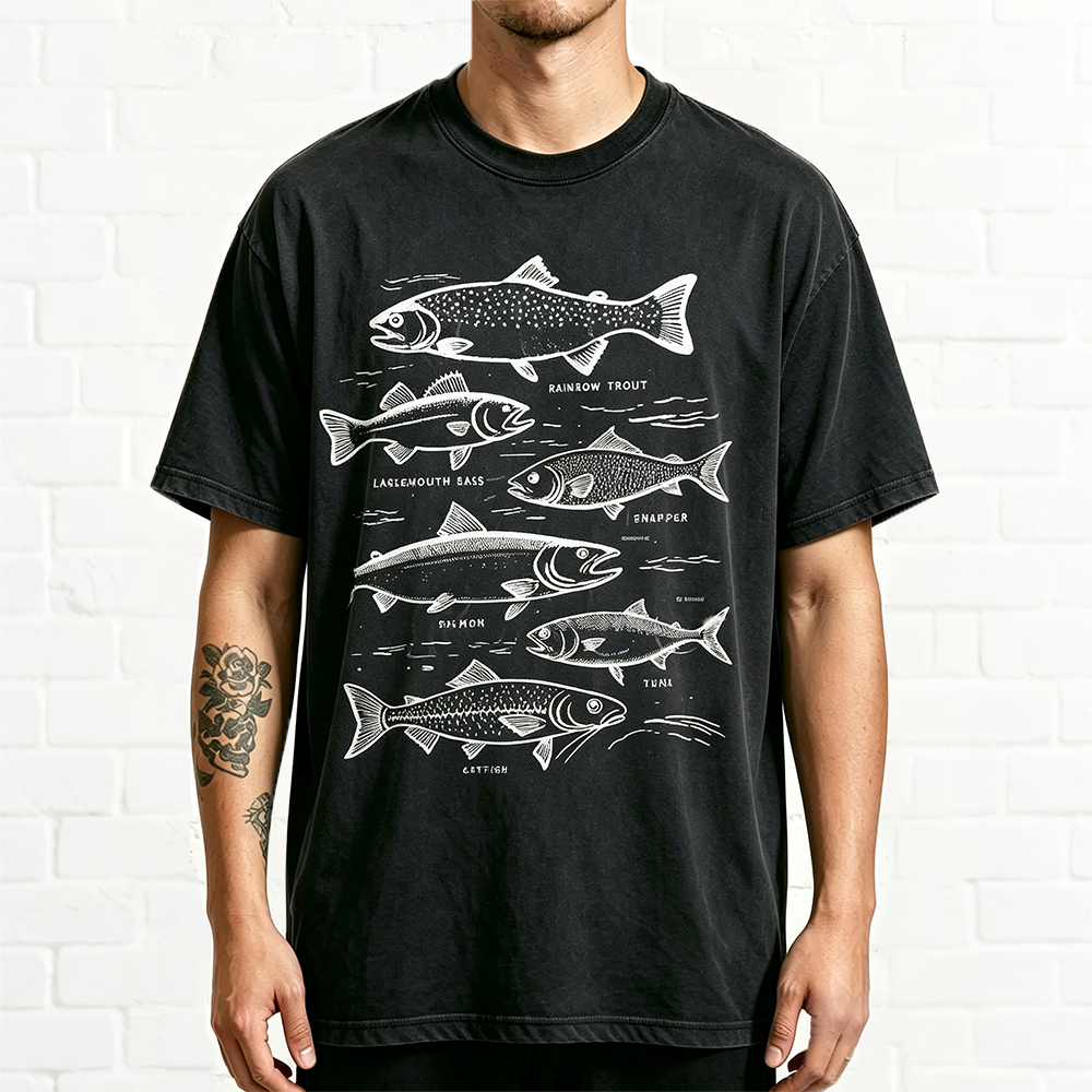 Vintage Fishing Species Chart Rainbow Trout Bass Salmon Graphic Tee