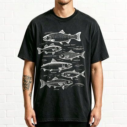 Vintage Fishing Species Chart Rainbow Trout Bass Salmon Tee