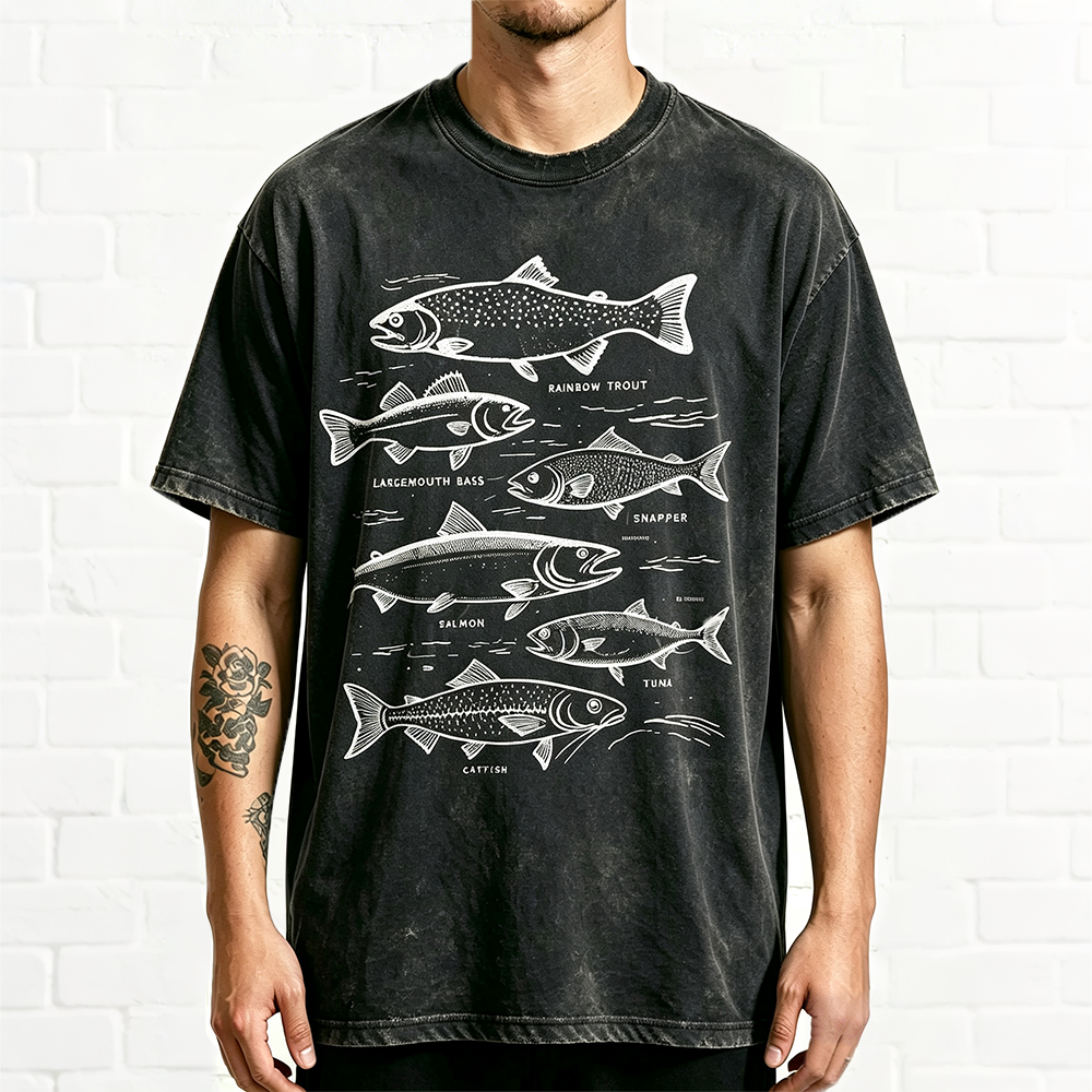 Vintage Fishing Species Chart Rainbow Trout Bass Salmon Graphic Tee