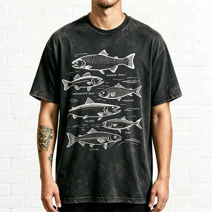 Vintage Fishing Species Chart Rainbow Trout Bass Salmon Tee