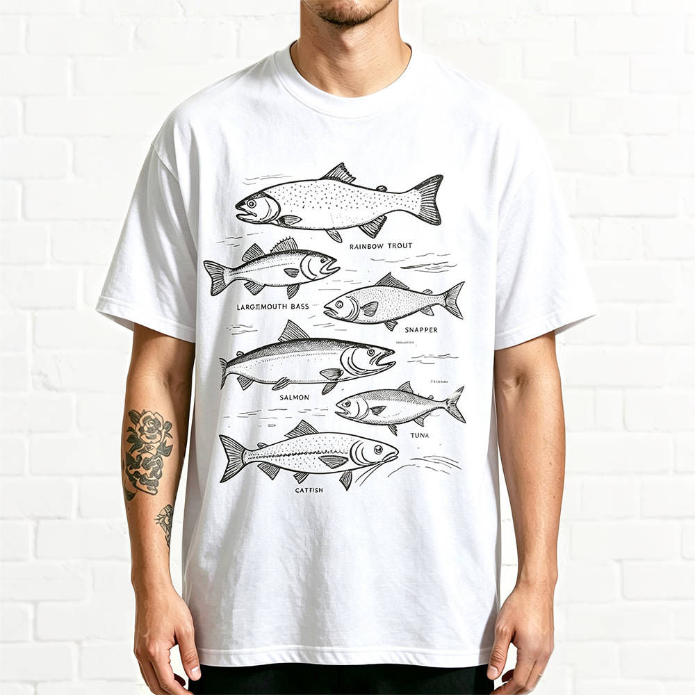 Vintage Fishing Species Chart Rainbow Trout Bass Salmon Graphic Tee