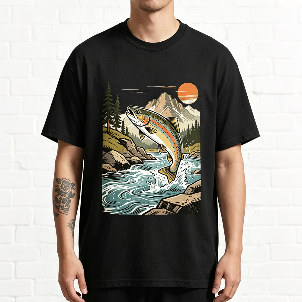 Retro Jumping Rainbow Trout River Sunset Fishing Graphic T-Shirt