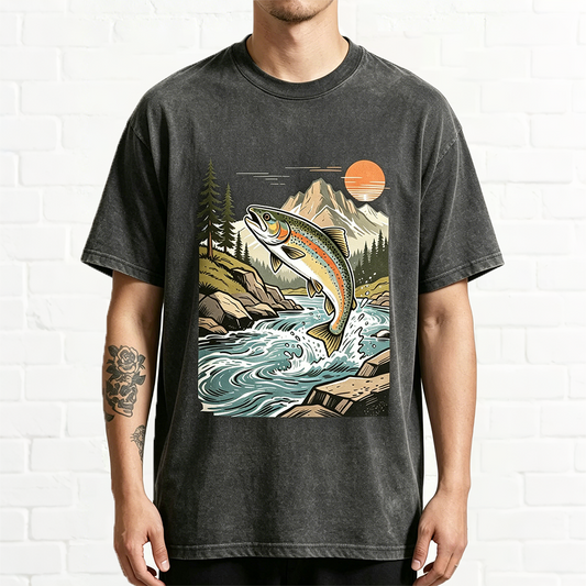 Retro Jumping Rainbow Trout River Sunset Fishing Graphic T-Shirt