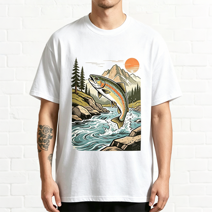 Western Cowboy Riding Jumping Trout Retro Fishing Graphic T-Shirt