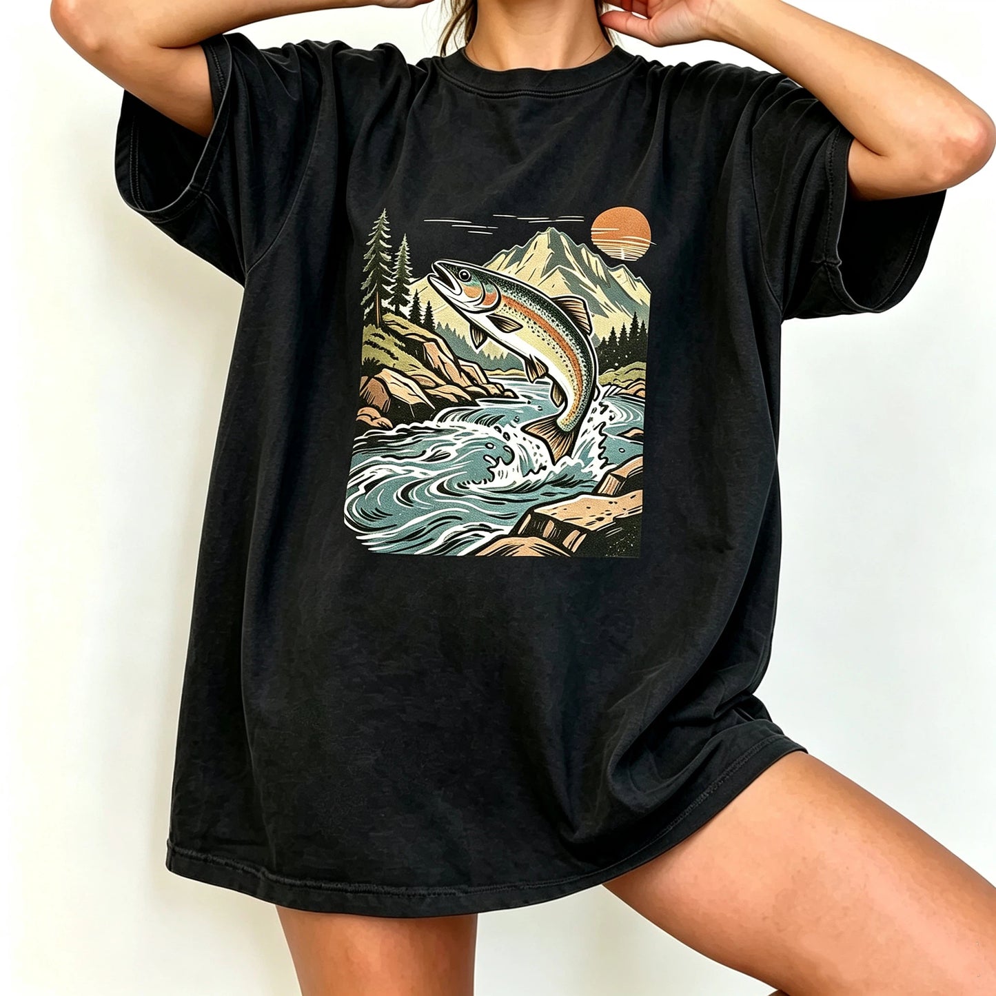 Retro Jumping Rainbow Trout River Sunset Fishing Graphic T-Shirt