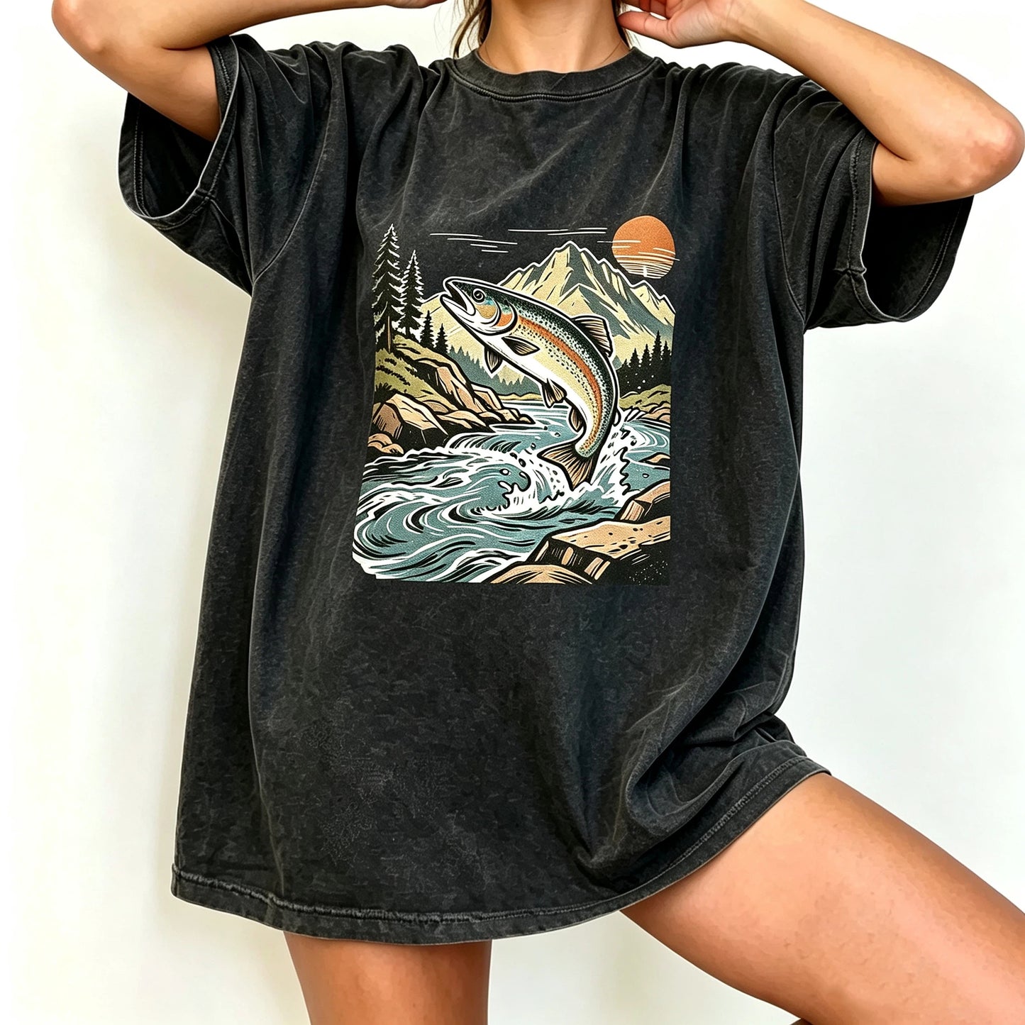 Retro Jumping Rainbow Trout River Sunset Fishing Graphic T-Shirt