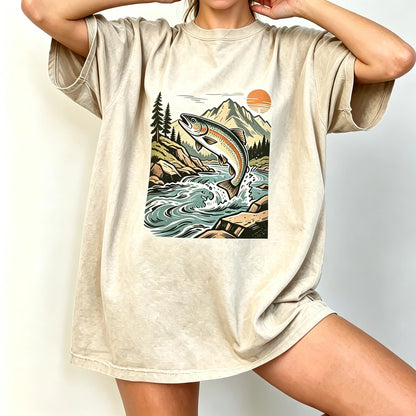 Retro Jumping Rainbow Trout River Sunset Fishing Graphic T-Shirt