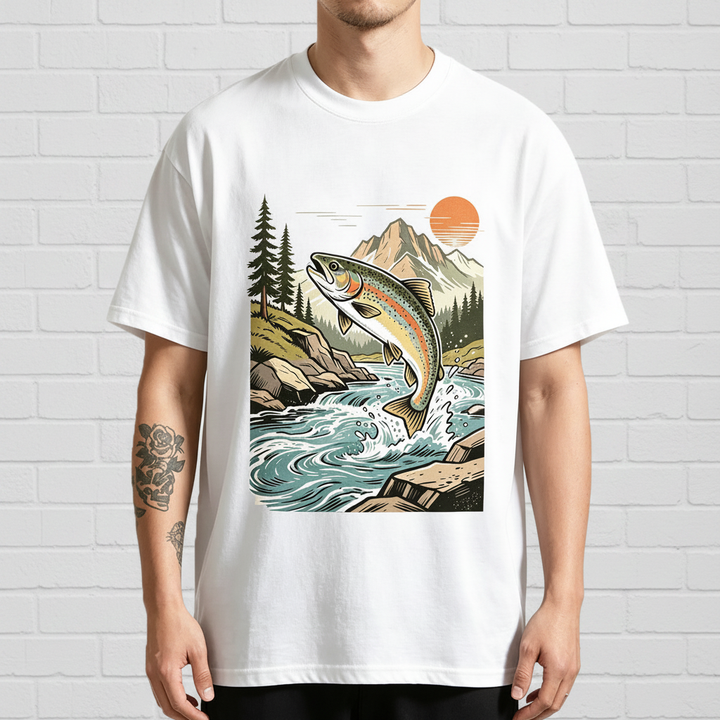 Retro Jumping Rainbow Trout River Sunset Fishing Graphic T-Shirt