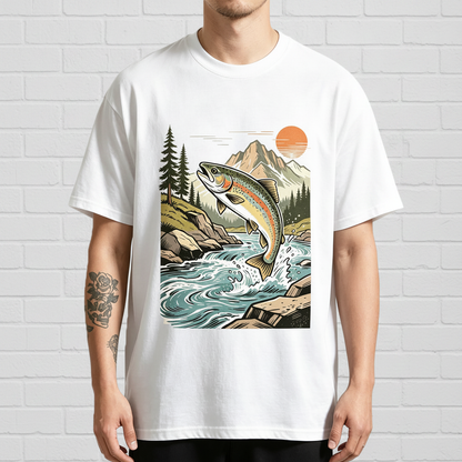 Retro Jumping Rainbow Trout River Sunset Fishing Graphic T-Shirt