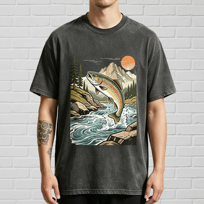 Retro Jumping Rainbow Trout River Sunset Fishing Graphic T-Shirt