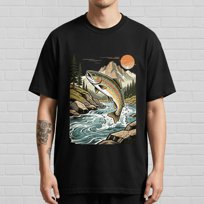 Retro Jumping Rainbow Trout River Sunset Fishing Graphic T-Shirt
