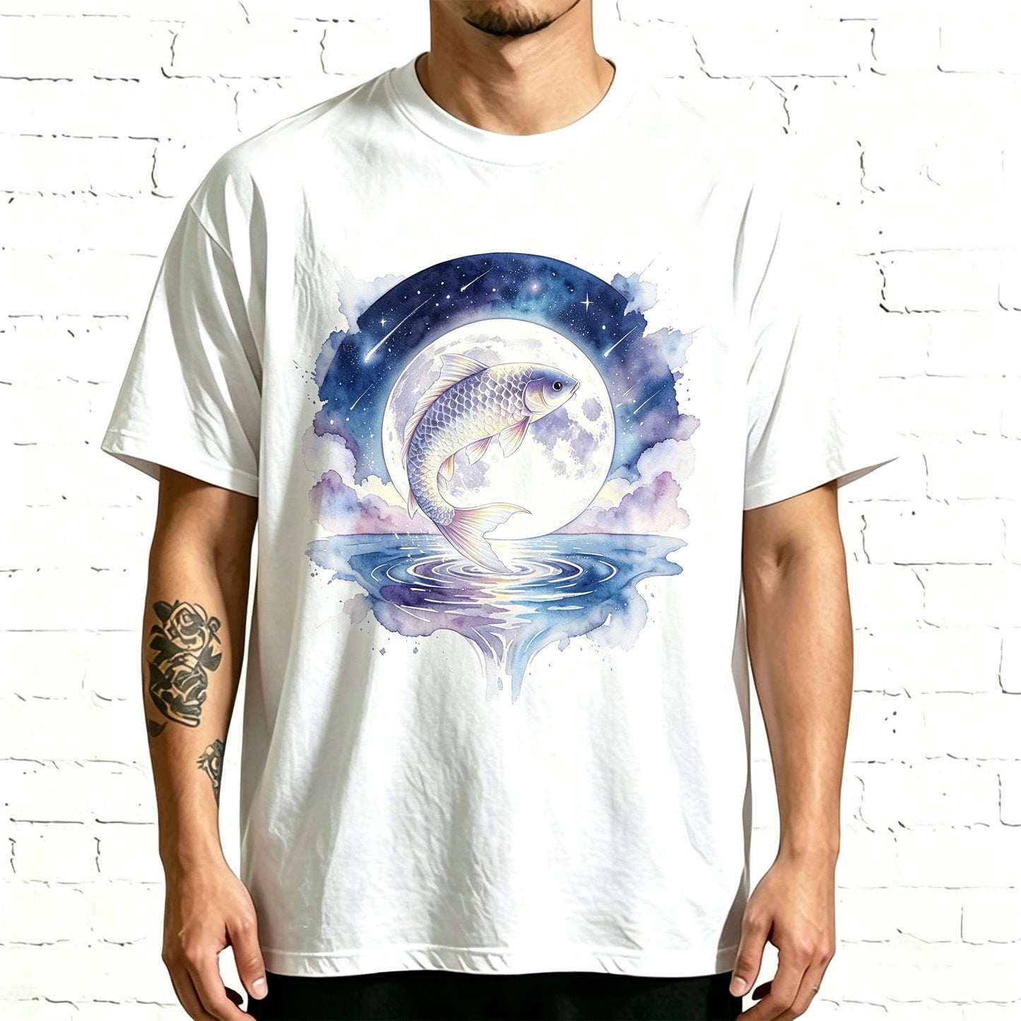 Vintage Starry Night Koi Over Full Moon Lake Fisherman Shirt