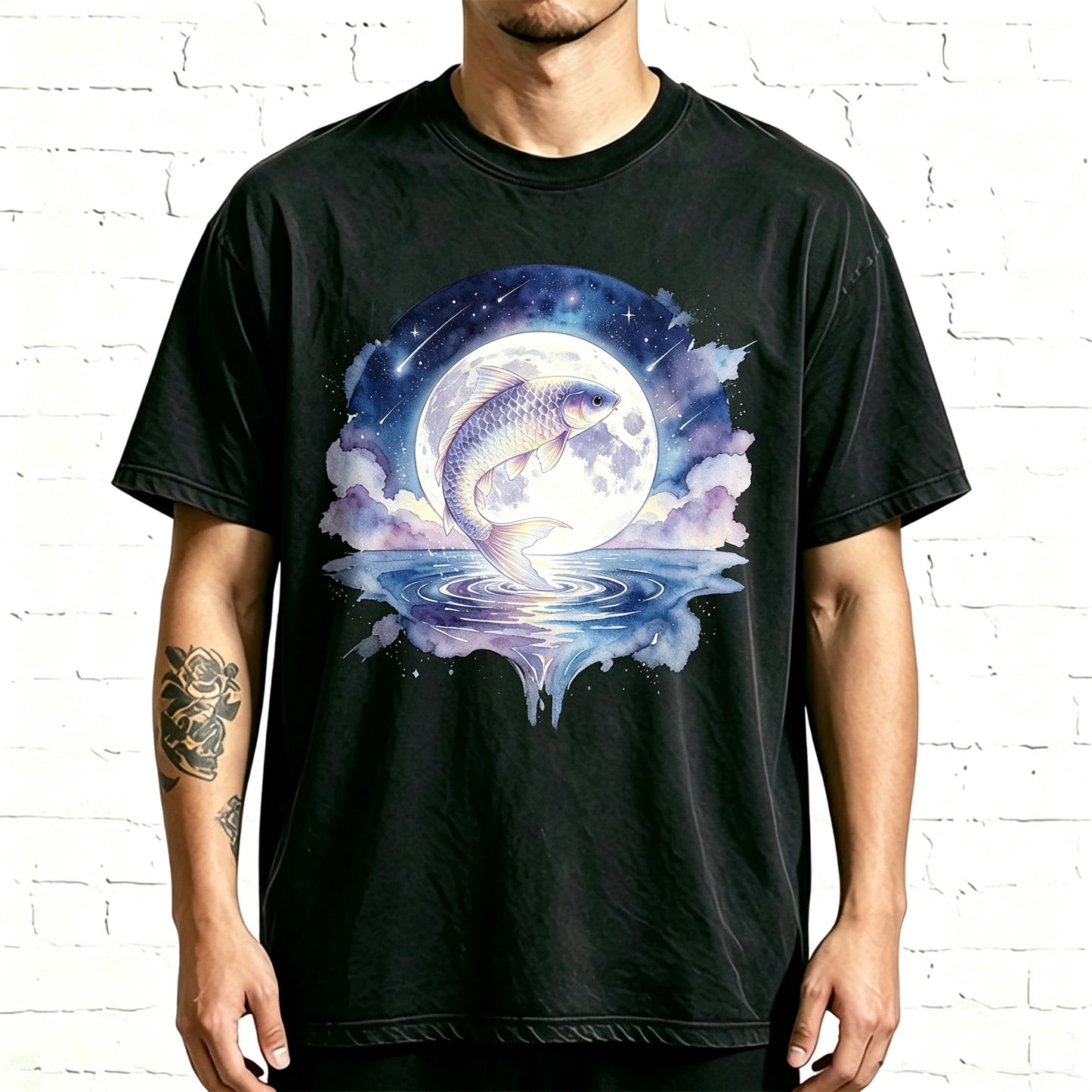 Vintage Starry Night Koi Over Full Moon Lake Fisherman Shirt