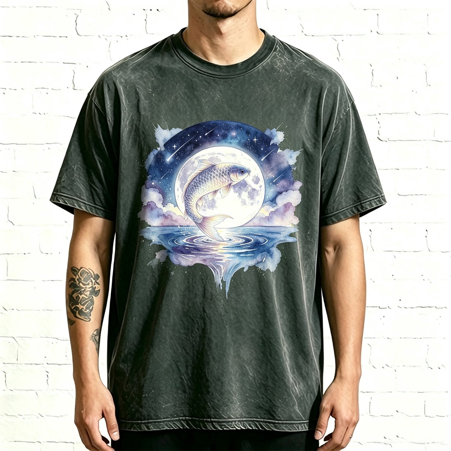 Vintage Starry Night Koi Over Full Moon Lake Fisherman Shirt