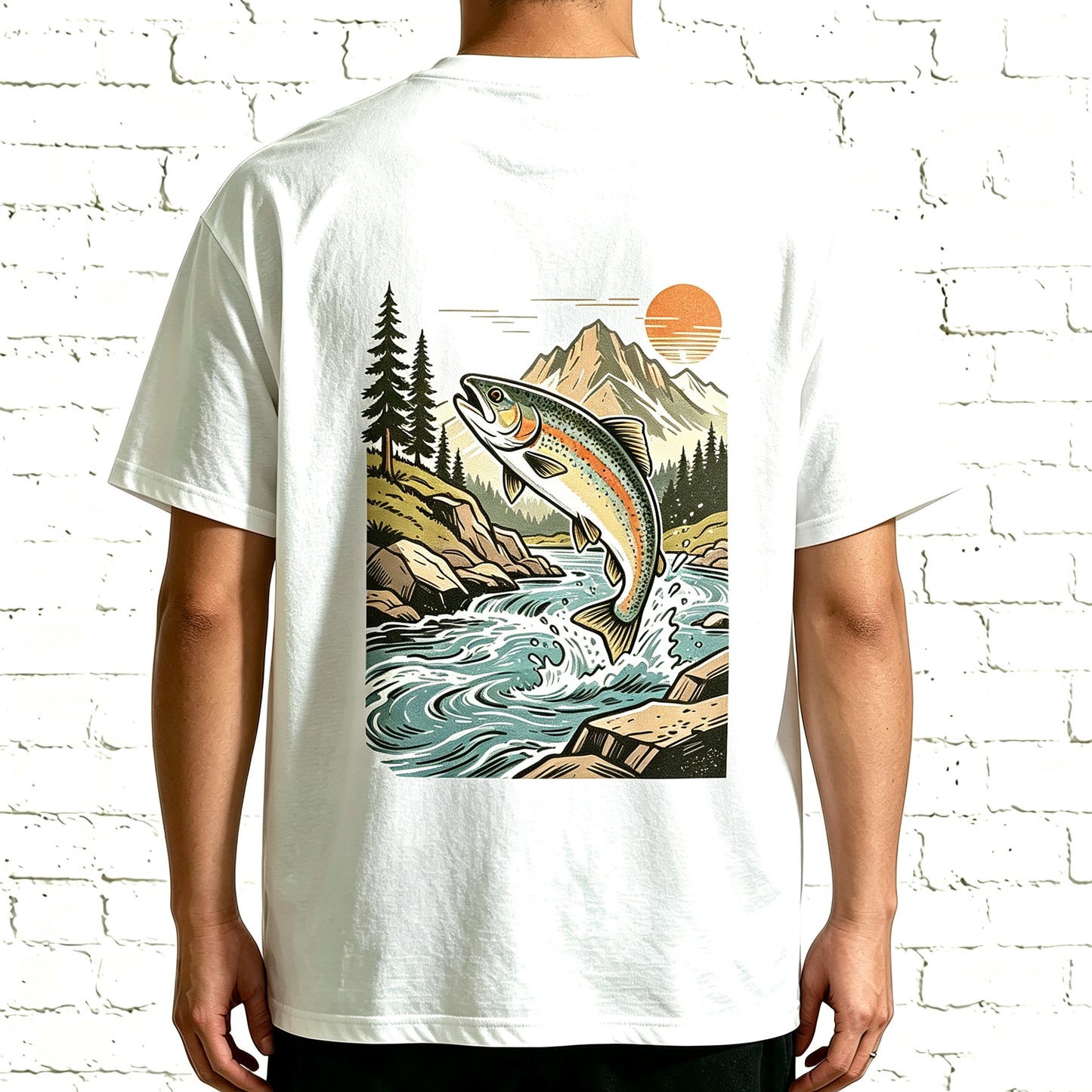 Retro Sunset Mountain Trout Fisherman Oversized Back Print T-Shirt