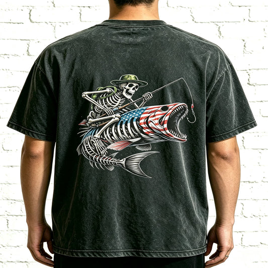 Patriotic Skeleton Fisherman Bass Fish Graphic Oversized T-Shirt