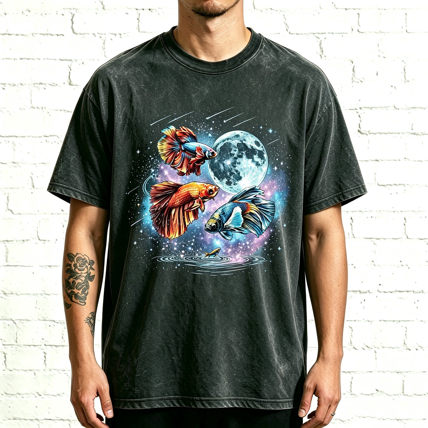 Moon Galaxy Betta Fish Watercolor Graphic Oversized Tee
