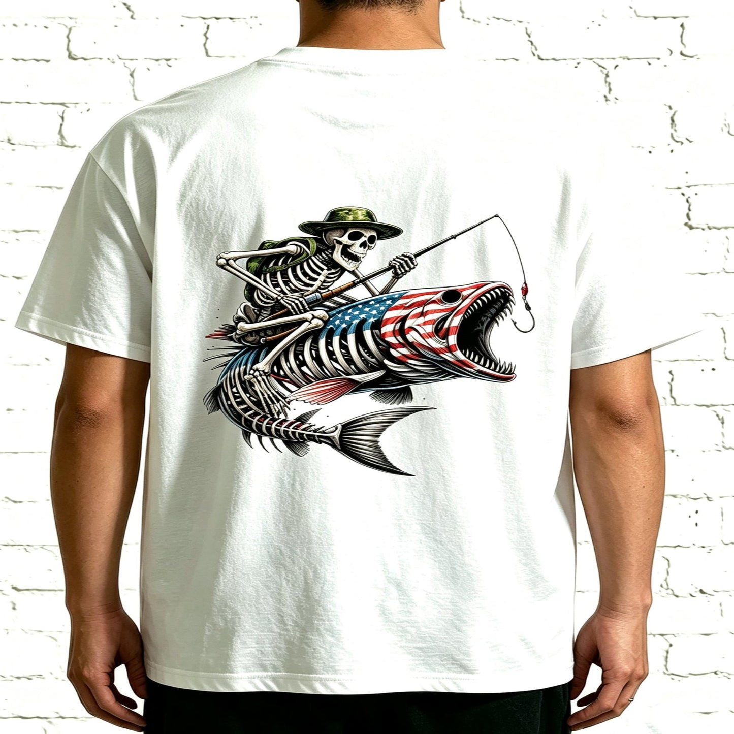 Patriotic Skeleton Fisherman Bass Fish Graphic Oversized T-Shirt