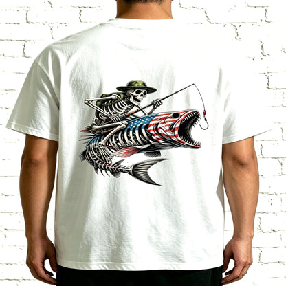 Patriotic Skeleton Fisherman Bass Fish Graphic Oversized T-Shirt