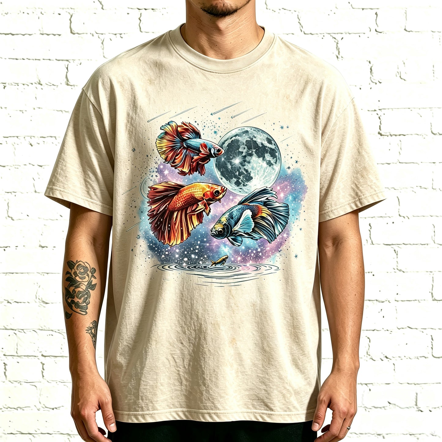 Moon Galaxy Betta Fish Watercolor Graphic Oversized Tee