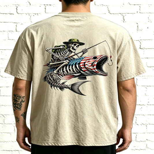 Patriotic Skeleton Fisherman Bass Fish Graphic Oversized T-Shirt