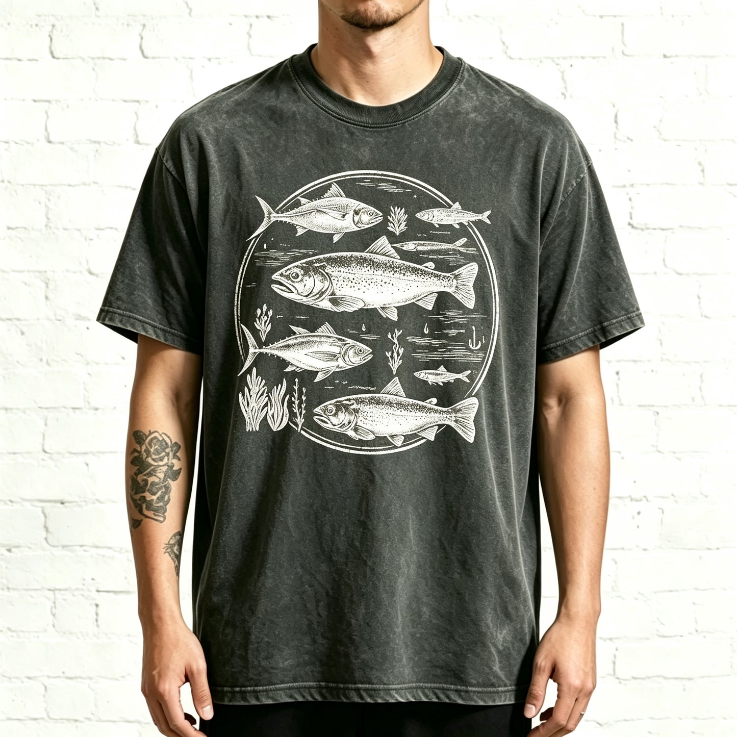 Retro Trout & Ocean Fish Circle Outdoor Nature Fishing Tee
