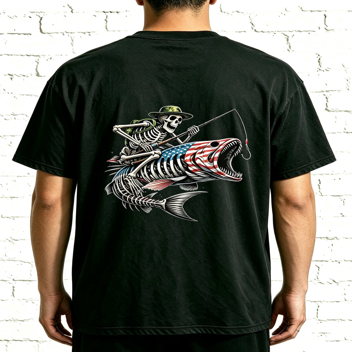 Patriotic Skeleton Fisherman Bass Fish Graphic Oversized T-Shirt