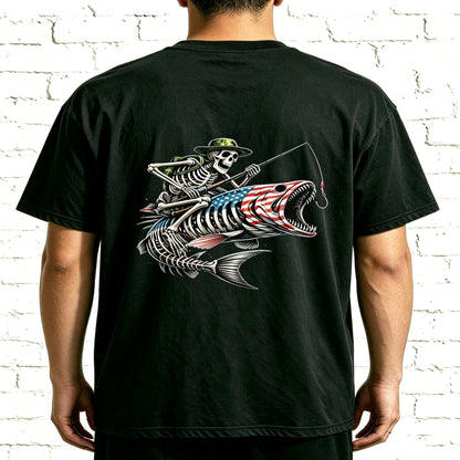 Patriotic Skeleton Fisherman Bass Fish Graphic Oversized T-Shirt