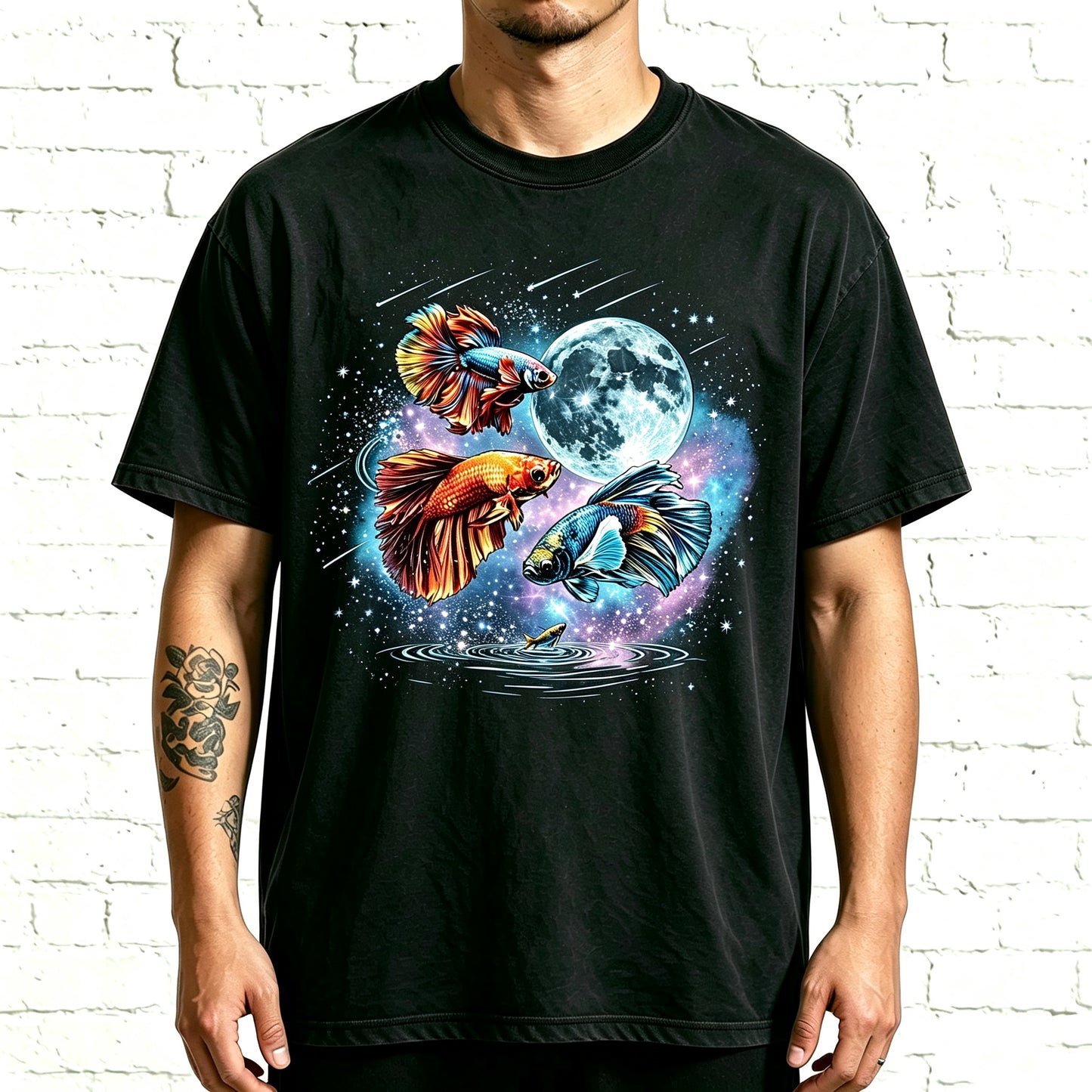 Moon Galaxy Betta Fish Watercolor Graphic Oversized Tee