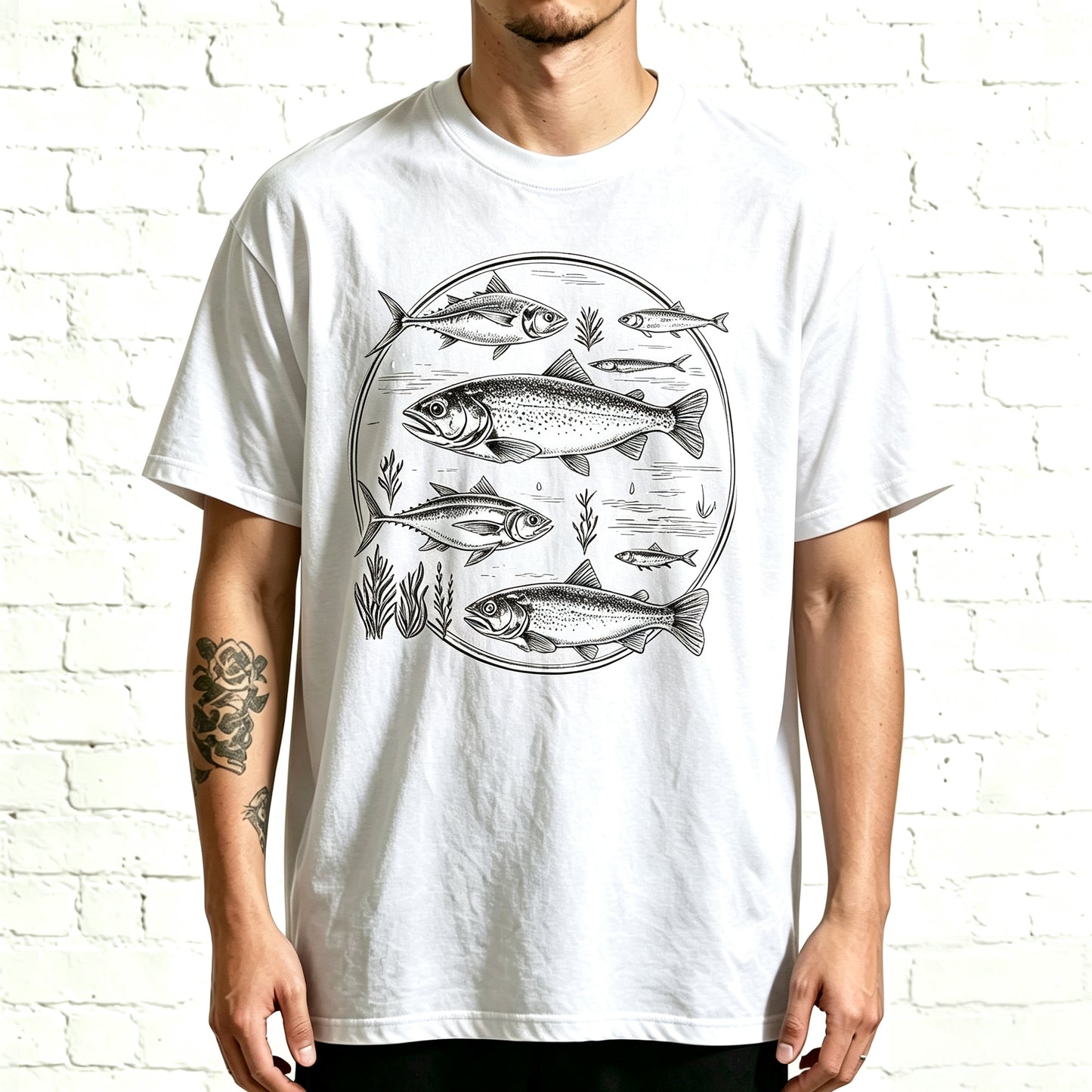 Retro Trout & Ocean Fish Circle Outdoor Nature Fishing Tee