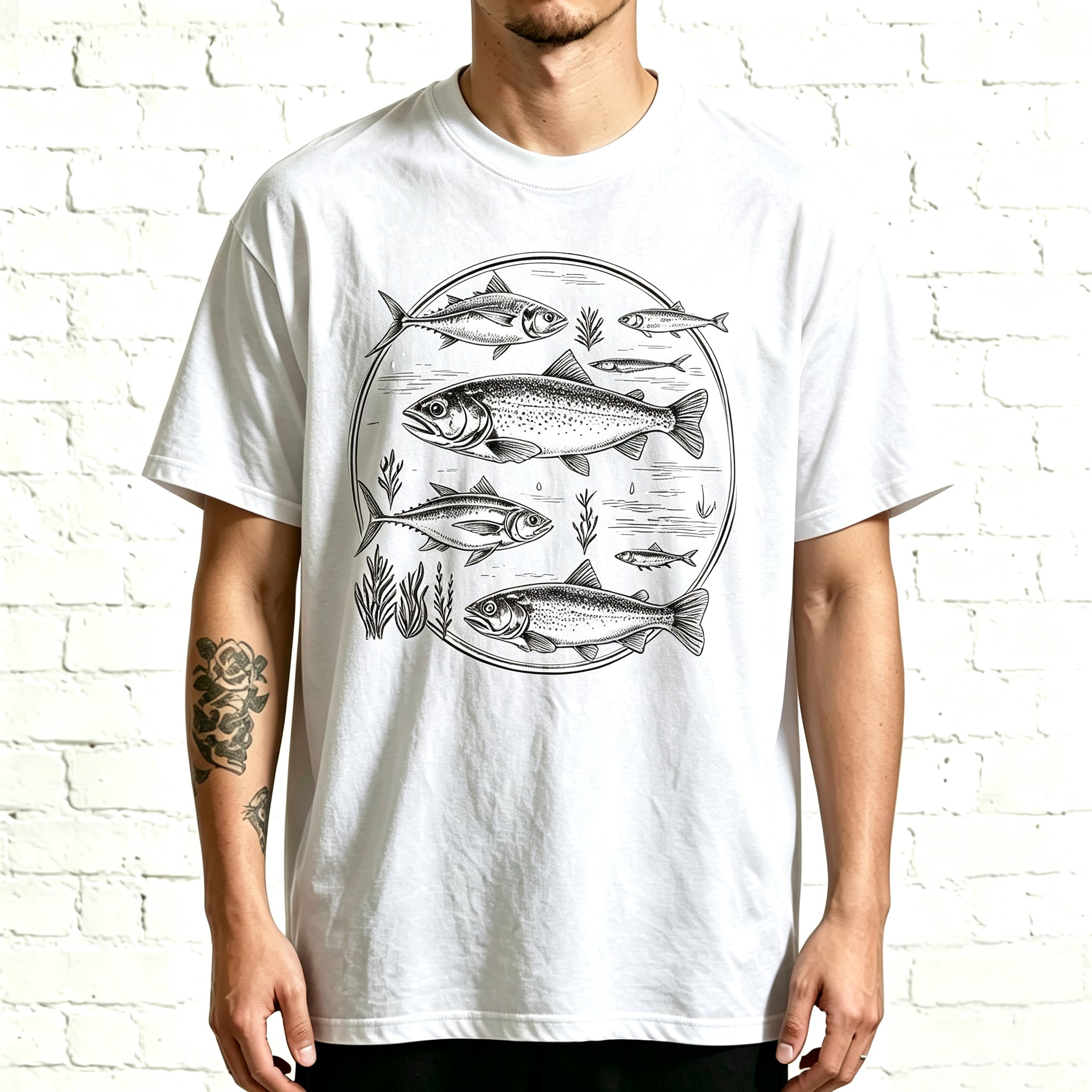 Retro Trout & Ocean Fish Circle Outdoor Nature Fishing Tee