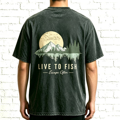 Live To Fish Escape Often Nature Mountain Sunset Fishing Graphic T-Shirt