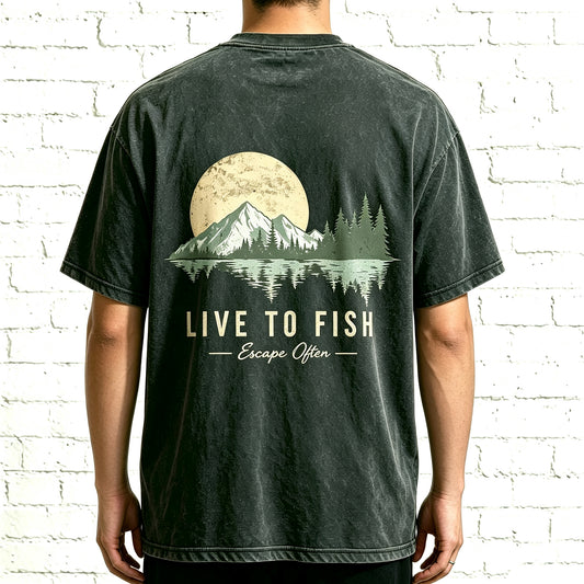 Live To Fish Escape Often Nature Mountain Sunset Fishing Graphic T-Shirt