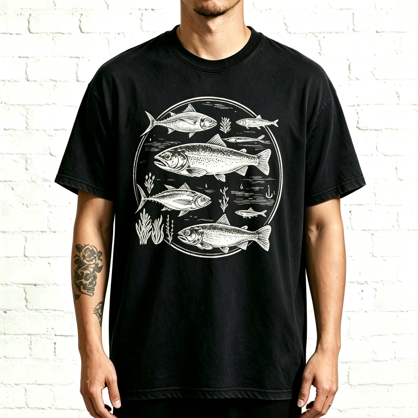 Retro Trout & Ocean Fish Circle Outdoor Nature Fishing Tee