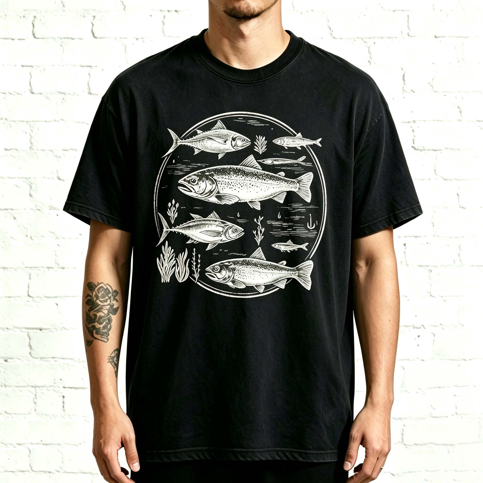 Retro Trout & Ocean Fish Circle Outdoor Nature Fishing Tee