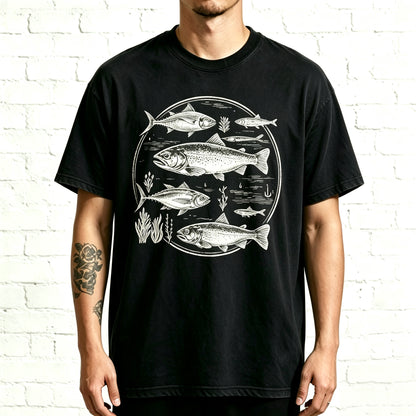 Retro Trout & Ocean Fish Circle Outdoor Nature Fishing Tee