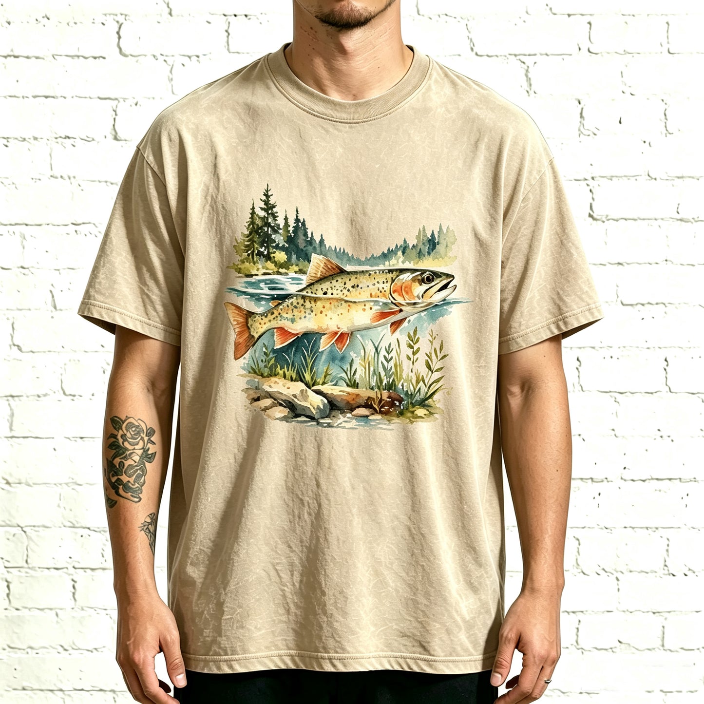Pine Forest River Trout Watercolor Graphic Washed T-Shirt