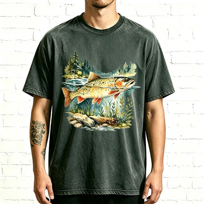 Pine Forest River Trout Watercolor Graphic Washed T-Shirt