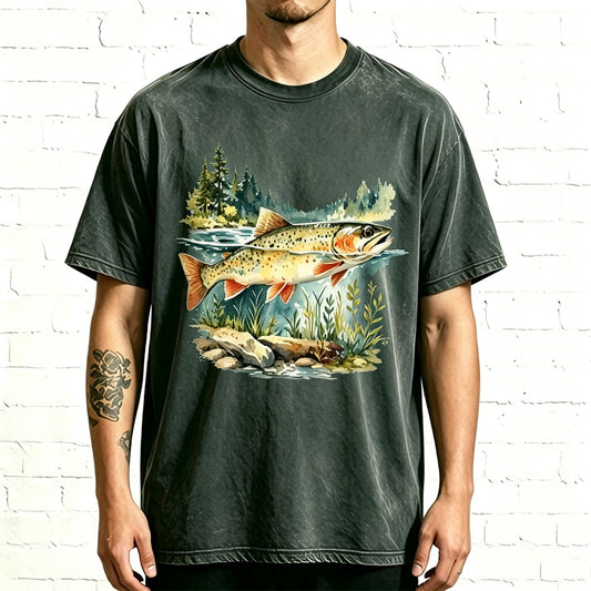 Pine Forest River Trout Watercolor Graphic Washed T-Shirt