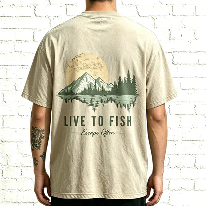 Live To Fish Escape Often Nature Mountain Sunset Fishing Graphic T-Shirt