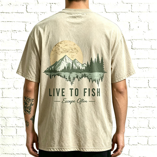 Live To Fish Escape Often Nature Mountain Sunset Fishing Graphic T-Shirt