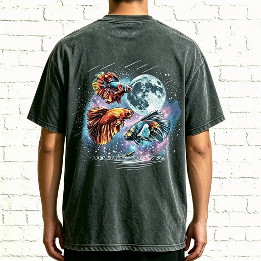 Moon Galaxy Watercolor Betta Fish Full Back Print Unisex Tee