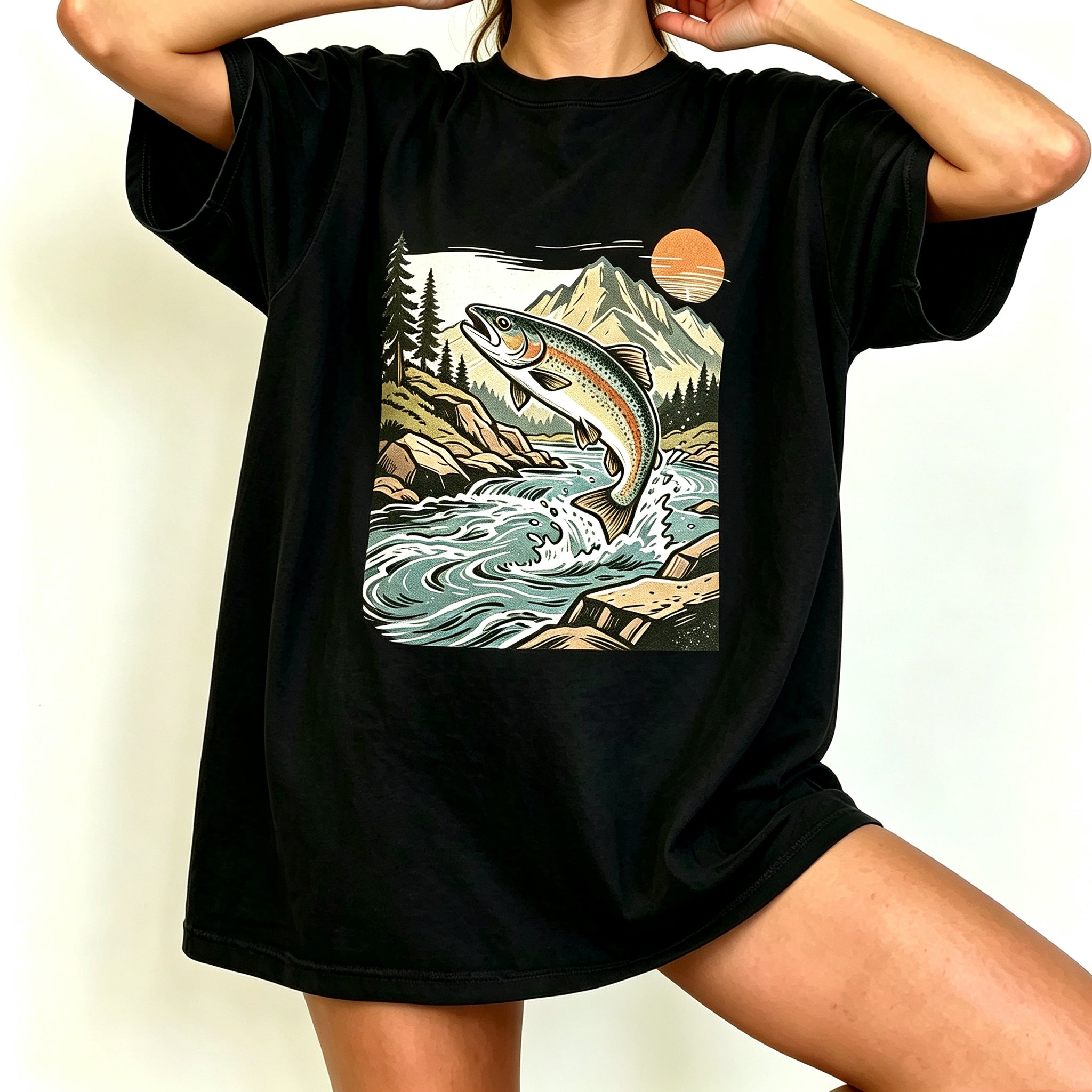 Retro Jumping Rainbow Trout River Sunset Fishing Graphic T-Shirt